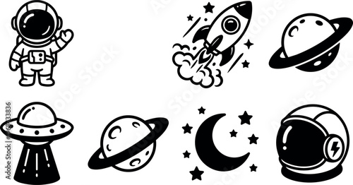 Black and white space icons astronaut rocket planet moon vector art