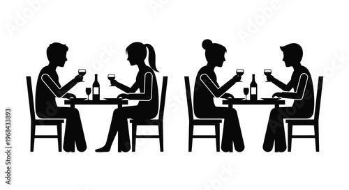 Four people dining at tables enjoying drinks and a meal silhouette