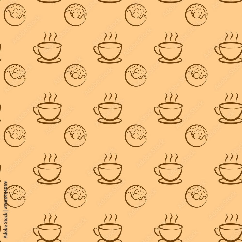 Fototapeta premium Hot coffee cup and donut seamless pattern. Hand drawn coffee cup and donut seamless background. Cup of coffee and donut line art drawing. Seamless hot coffee doodle background