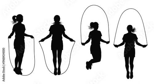 Four girls jumping rope in a playful dynamic black silhouette