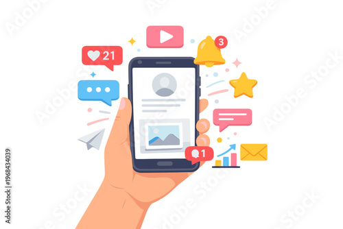 Social Media Notifications Concept, Smartphone with Likes Messages Followers and Online Engagement Illustration