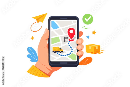 Mobile Navigation and Delivery Tracking Concept, Smartphone GPS Map with Location Pin and Fast Shipping Illustration