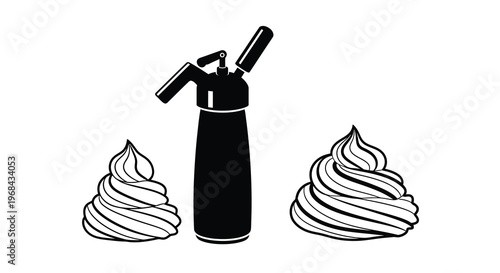 Whipped cream dispenser and swirls depicted in a stark black silhouette
