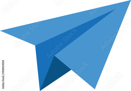 Blue paper airplane in flight against transparent background, symbol of travel, communication, and childhood imagination, modern origami design.