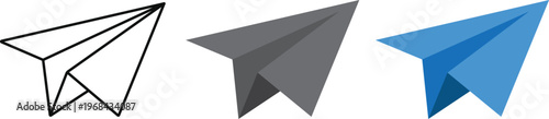 Three paper airplanes outline gray and blue on transparent background, representing different styles and variations of origami aircraft.