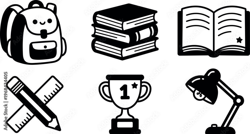 Fototapeta premium Black and white line art school icons including backpack books open book pencil ruler trophy and desk lamp