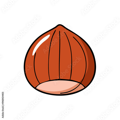 Simple illustration of a single brown hazelnut with vertical lines and a light beige base isolated on white