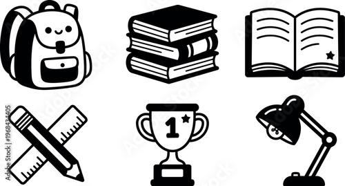 Black and white line art school icons including backpack books open book pencil ruler trophy and desk lamp