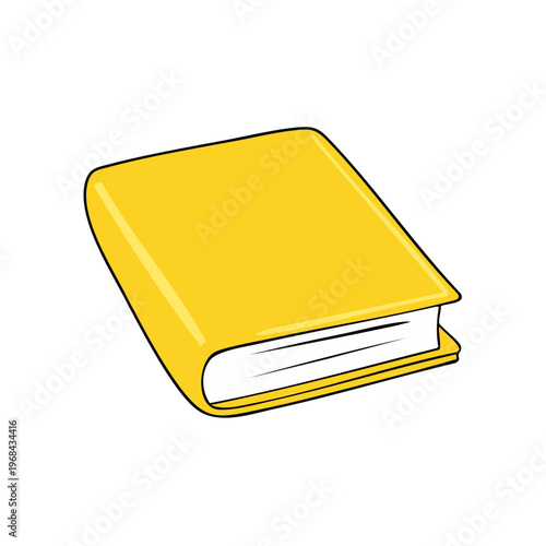 A closed yellow book with white pages rests on a clean white surface showing its cover and spine
