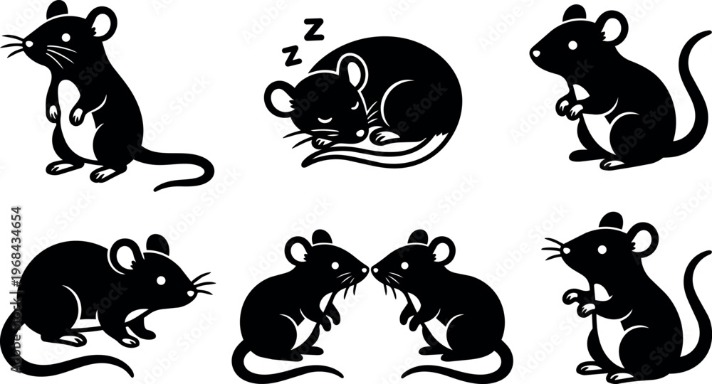 Fototapeta premium Six stylized mice including sleeping and standing poses
