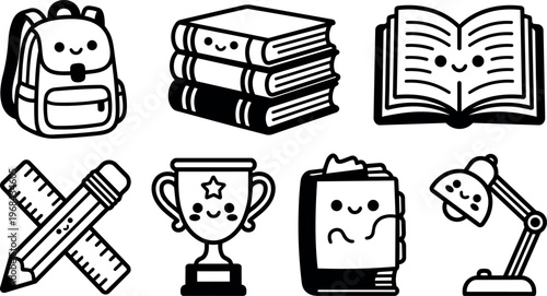 Cute black and white school supplies icons with smiling faces vector art