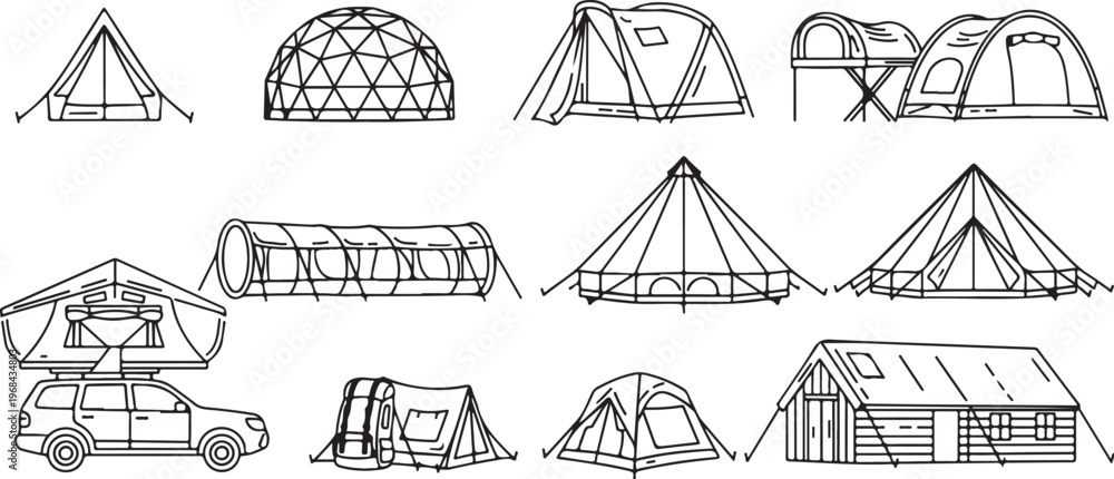 Fototapeta premium Architectural line drawings showcasing various roof and bridge designs Vector