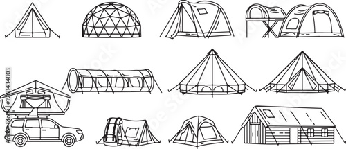 Architectural line drawings showcasing various roof and bridge designs Vector