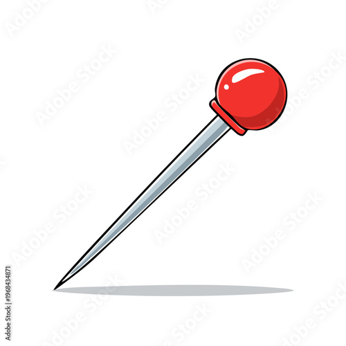 Bright red pushpin with sharp silver needle and rounded head angled against a white surface