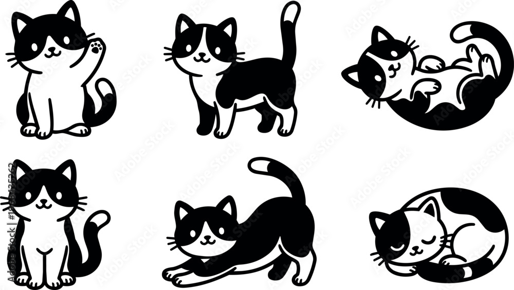 Fototapeta premium Black and white playful cat poses vector line art set