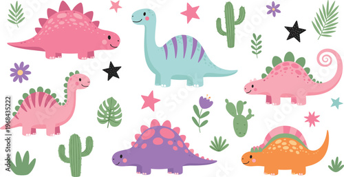 Cute Dinosaur Collection with Pink, Blue, and Orange Dinosaurs, Cacti, Stars, and Flowers for Kids, Fun, and Cartoon Illustration Projects