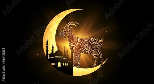 Eid al-Adha, crescent moon, camel silhouette, Islamic art, gold design, ramadan