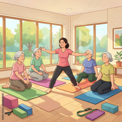 Active Aging and Community Wellness Vector Diverse Seniors Doing Yoga