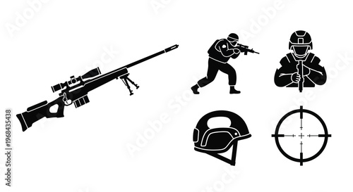 Military equipment including a sniper rifle and soldier black silhouette