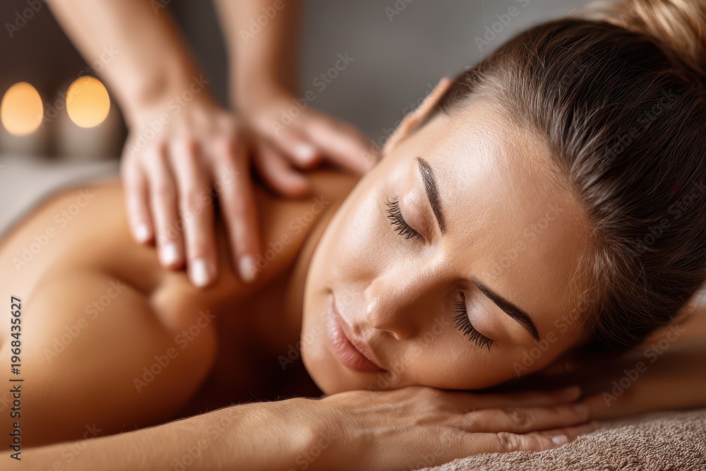 Obraz premium Close-up of a woman receiving a relaxing shoulder massage with soft candlelight in a serene spa environment.