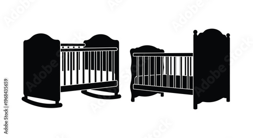 Two black baby cribs depicted in a minimalist striking silhouette
