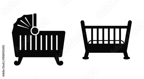 Two baby beds in black a pram and cot depicted as a silhouette