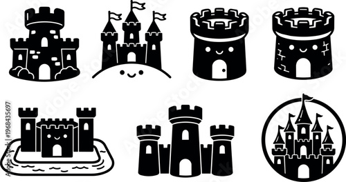 Black and white castle tower shapes with smiling faces vector art set