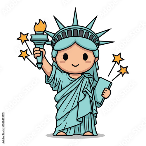 Kawaii cartoon illustration of the Statue of Liberty holding a torch and tablet, wearing a spiked crown, surrounded by colorful stars, isolated on white for patriotic US holidays.