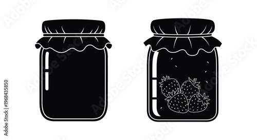 Two glass jars one filled with strawberries shown as a silhouette