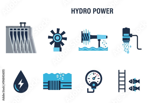 Hydro power energy icons set.