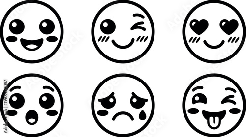 Black and white face emoji set with happy winking sad crying and love expressions