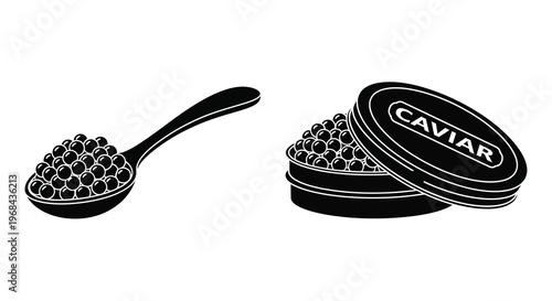 Caviar presentation with spoon and open tin a striking silhouette