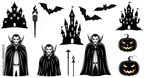 Halloween Vampire and Haunted Castle Vector Illustration Set - Dracula, Bats, Pumpkins, and Spooky Graphic Design Elements