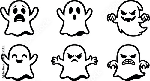 Black and white line art set of six cute and scary ghost characters with various expressions