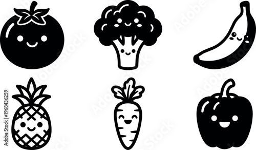 Black and white kawaii fruit and vegetable icons with smiling faces