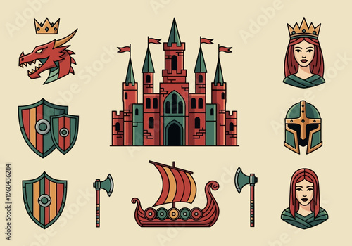 Medieval Fantasy Icon Set with Castle, Dragon, Queen, Viking Longship, Shields and Weapons - Flat Vector Illustration Elements for Gaming and Design