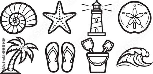 Assorted line drawings of objects, nature, and symbols in black and white Vector