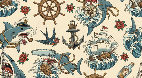 Vintage Old School Nautical Tattoo Flash Art Background with Sharks, Sailing Ships, Anchors, and Roses
