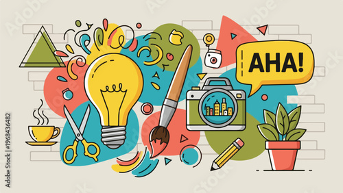 Colorful illustrated image of art supplies and ideas