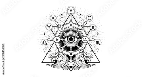 Mystical Esoteric Illustration of a Ship Steering Wheel with All-Seeing Eye, Zodiac Symbols, and Sacred Geometry Nautical Art