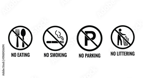 Prohibited actions eating smoking parking and littering graphic silhouette