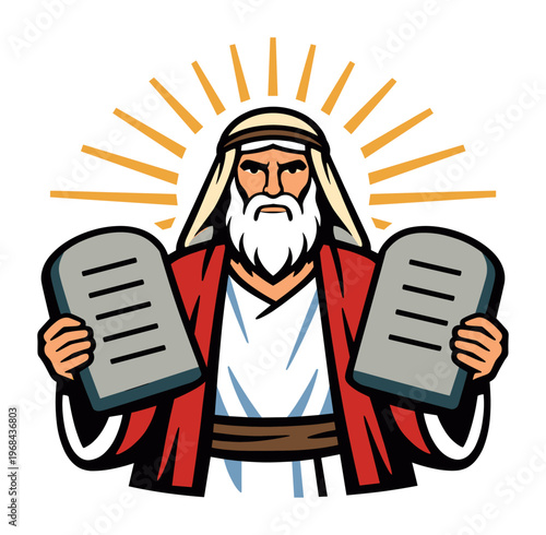 Moses, a key figure in Abrahamic faiths, is depicted with twin stone tablets symbolizing the Ten Commandments, a sacred law from above