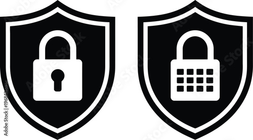 Security shield icons vector, set of 2 lock protection symbols representing cybersecurity privacy and digital safety in minimalist flat design.