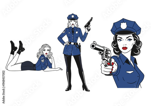 Set of Retro Pop Art Illustrations Featuring Female Police Officers in Vintage Uniforms and Action Poses