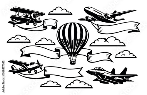Aviation vehicles, hot air balloon, and banners flying among clouds, creating a set for transportation, travel, or flight concepts