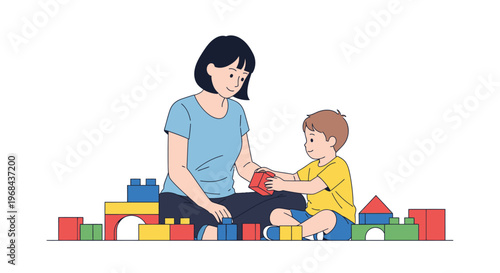 Mother and child playing with colorful blocks together happily