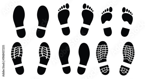 Various black footprints arranged in rows a striking silhouette