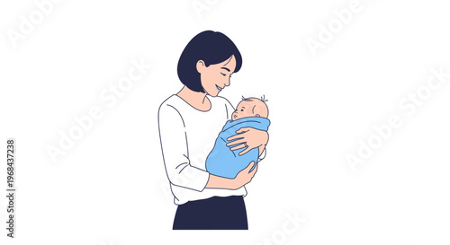 Woman holding newborn baby, illustration of mother with infant