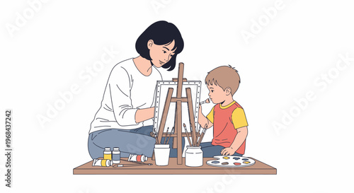 Mother and child painting together on the floor with easel