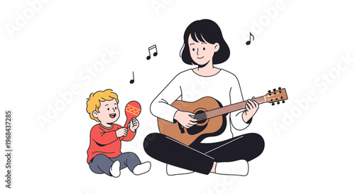 Mother and child playing musical instruments together happily